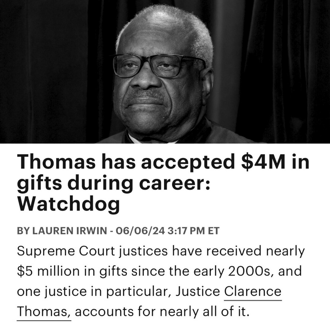 More than $4 MILLION worth of gifts… the vast majority of them undisclosed.

Justice Clarence Thomas is in clear violation of financial disclosure requirements under federal law.