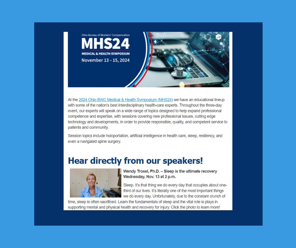 StacySimera's tweet image. The @OhioBWC puts on a great conference each year. But this year they're bringing in @wendytroxel to talk about sleep - so I'm really looking forward to it! Great line up, BWC. Sleep is a game-changer for physical and mental health.