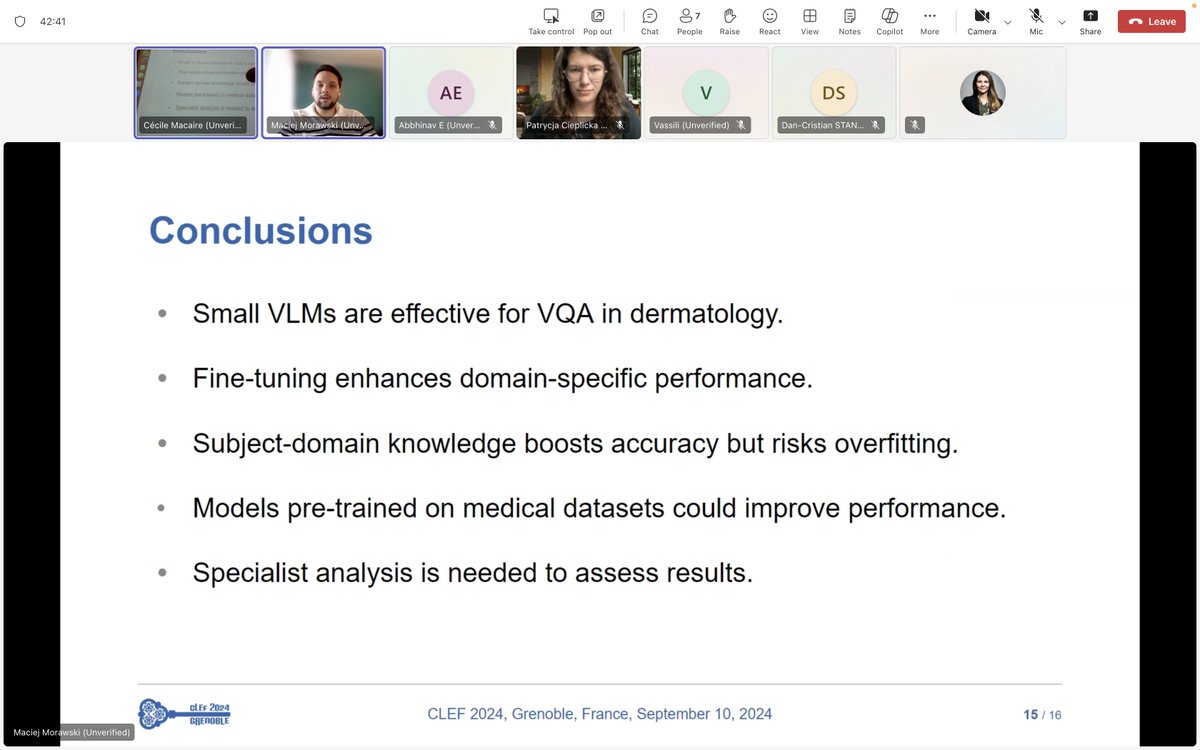 AsmaBenAbacha's tweet image. Patrycja Cieplicka & Maciej Morawski presenting their winning solution based on fine-tuning small vision language models @ the #ImageCLEF2024 MEDIQA-MAGIC competition on Dermatology VQA. Paper: "VisionQAries at MEDIQA-MAGIC 2024: Small Vision Language Models for Dermatological…