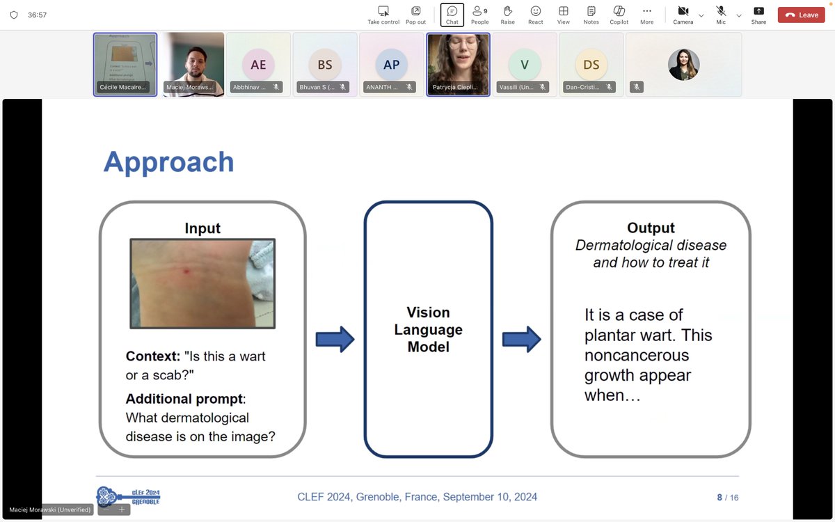 AsmaBenAbacha's tweet image. Patrycja Cieplicka & Maciej Morawski presenting their winning solution based on fine-tuning small vision language models @ the #ImageCLEF2024 MEDIQA-MAGIC competition on Dermatology VQA. Paper: "VisionQAries at MEDIQA-MAGIC 2024: Small Vision Language Models for Dermatological…