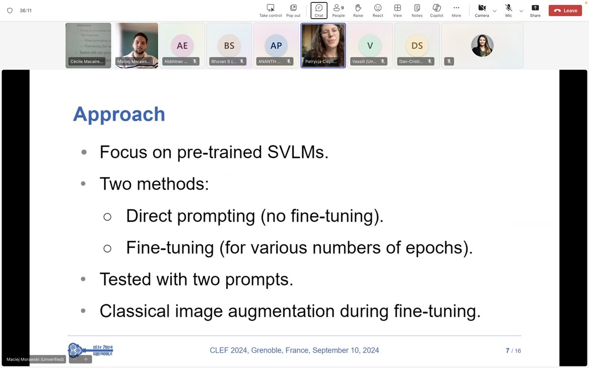 AsmaBenAbacha's tweet image. Patrycja Cieplicka & Maciej Morawski presenting their winning solution based on fine-tuning small vision language models @ the #ImageCLEF2024 MEDIQA-MAGIC competition on Dermatology VQA. Paper: "VisionQAries at MEDIQA-MAGIC 2024: Small Vision Language Models for Dermatological…