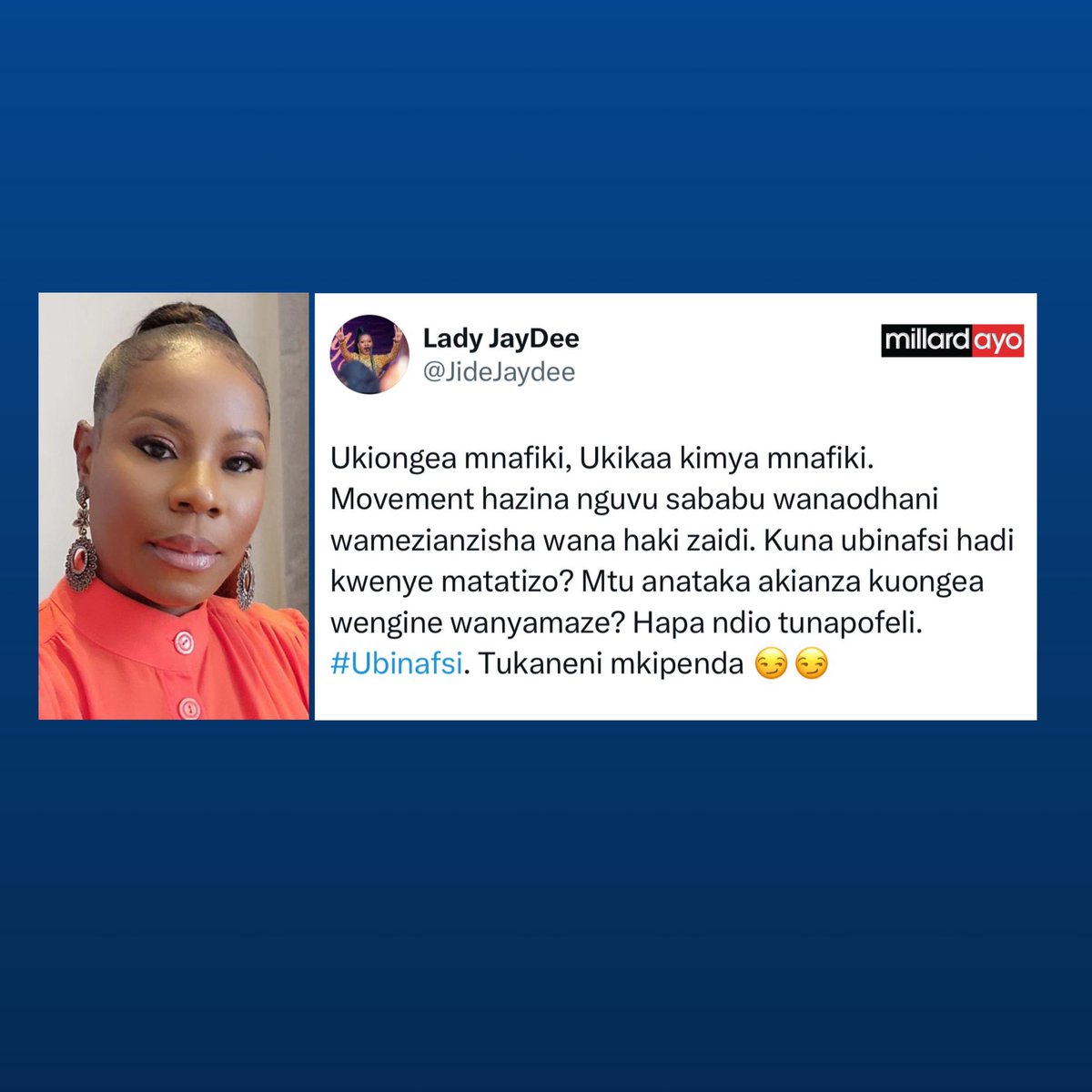 millardayo's tweet photo. โUkiongea Mnafiki, ukikaa kimya Mnafiki, movement hazina nguvu sababu wanaodhani wamezianzisha wana haki zaidi, kuna ubinafsi hadi kwenye matatizo?, Mtu anataka akianza kuongea wengine wanyamaze? hap ndio tunapofeli. #Ubinafsi, tukaneni mkipenda ๐๐โ โโ @JideJaydee https://t.co/fR3K7HkTkA