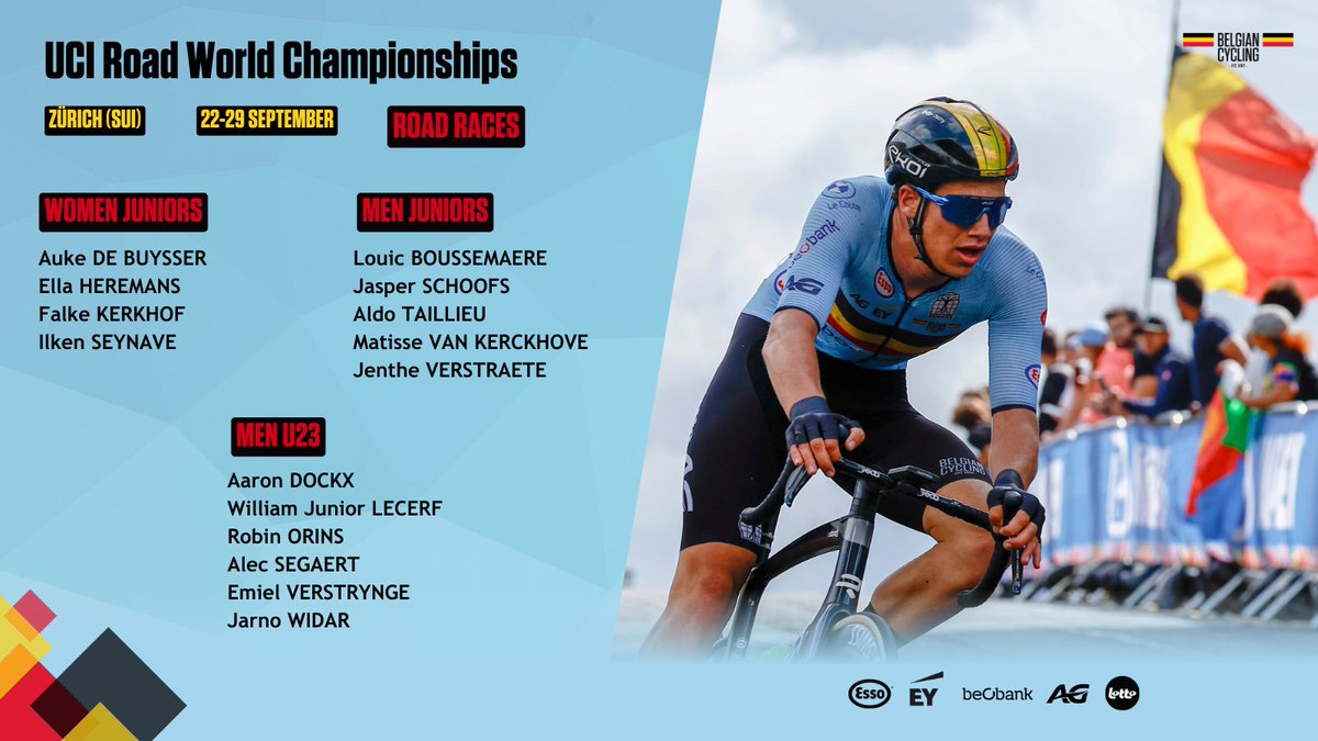 🌈 Check the Belgian 🇧🇪 youth selection for the Road Races at the UCI Road World Championships in Zürich 🇨🇭 | bit.ly/4dTntNh

#Zurich2024 #BelgianCycling