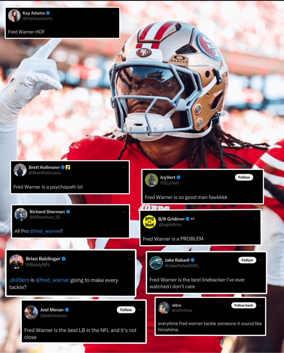 OurSf49ers's tweet photo. Shoutout to All Pro Fred Warner for dominating MNF and showcasing why he’s the best LB in the Biz 😤 https://t.co/QE8RytvdbD