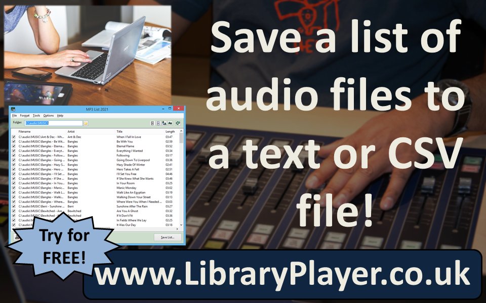 With MP3 List, you can quickly get a list of audio files to a text or CSV file.

Feedback I often receive is from people who wish they'd discovered the software sooner!

Download a free trial &amp; get started at:
libraryplayer.co.uk/2021/07/mp3lis…

#communityradio #hospitalradio #broadcasting