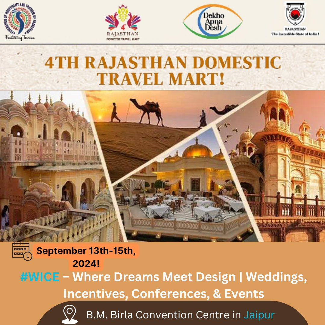 alxtriponline's tweet photo. (RDTM) join us at the B.M. Birla Convention Center, Jaipur, for a transformative experience focused on #WICE – Weddings, Incentives, and Events.
Participate in Dekho Apna Desh’s People’s Choice 2024 & Vote for Rajasthan’s Top Attractions at
https://t.co/BFhW3MtAQH
#FHTR #RDTM https://t.co/W6T5sBUvGi