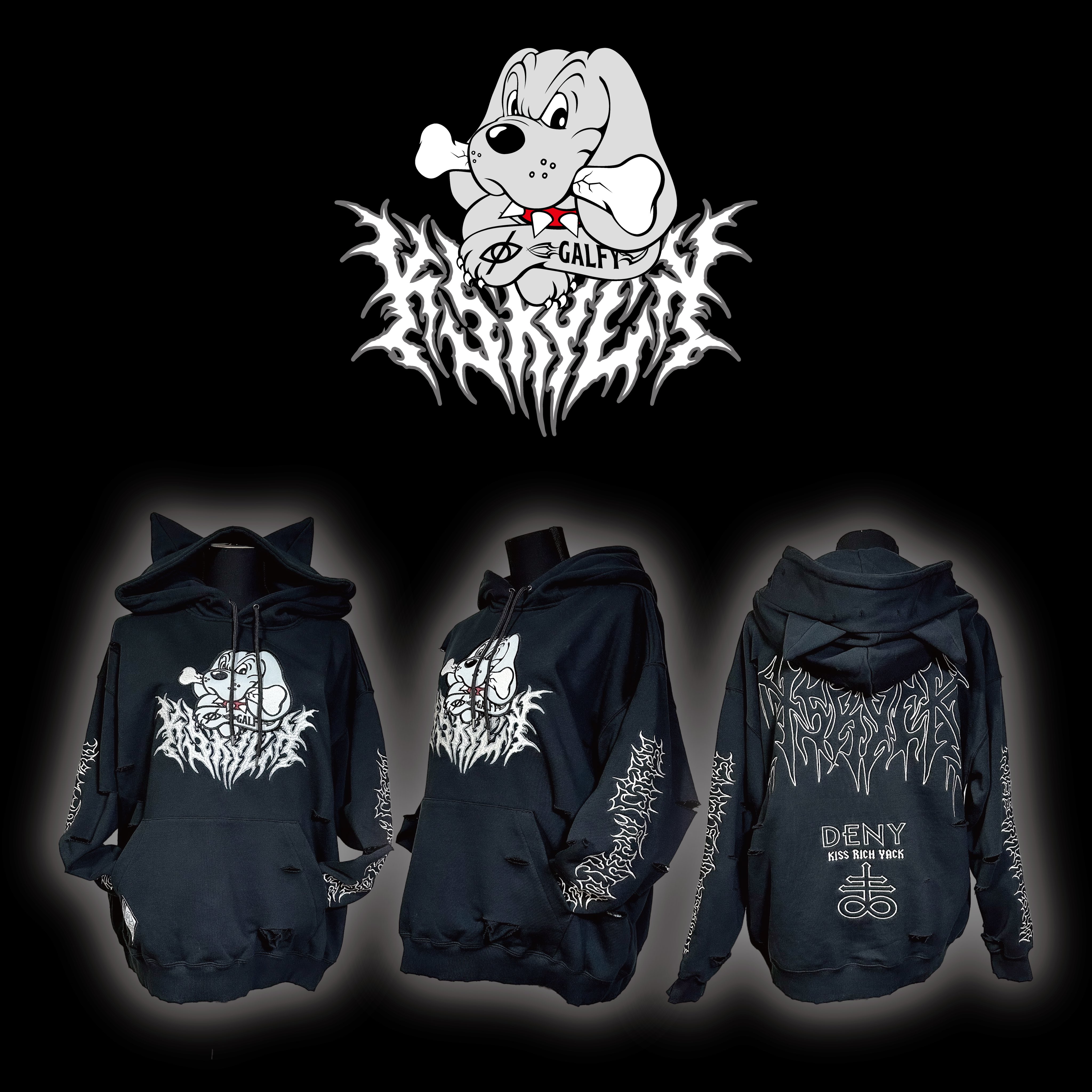 GALFY×KRY コラボパーカー GALFY×KRYコラボアイテム ケモミミ染めボロパーカー2 ブラック