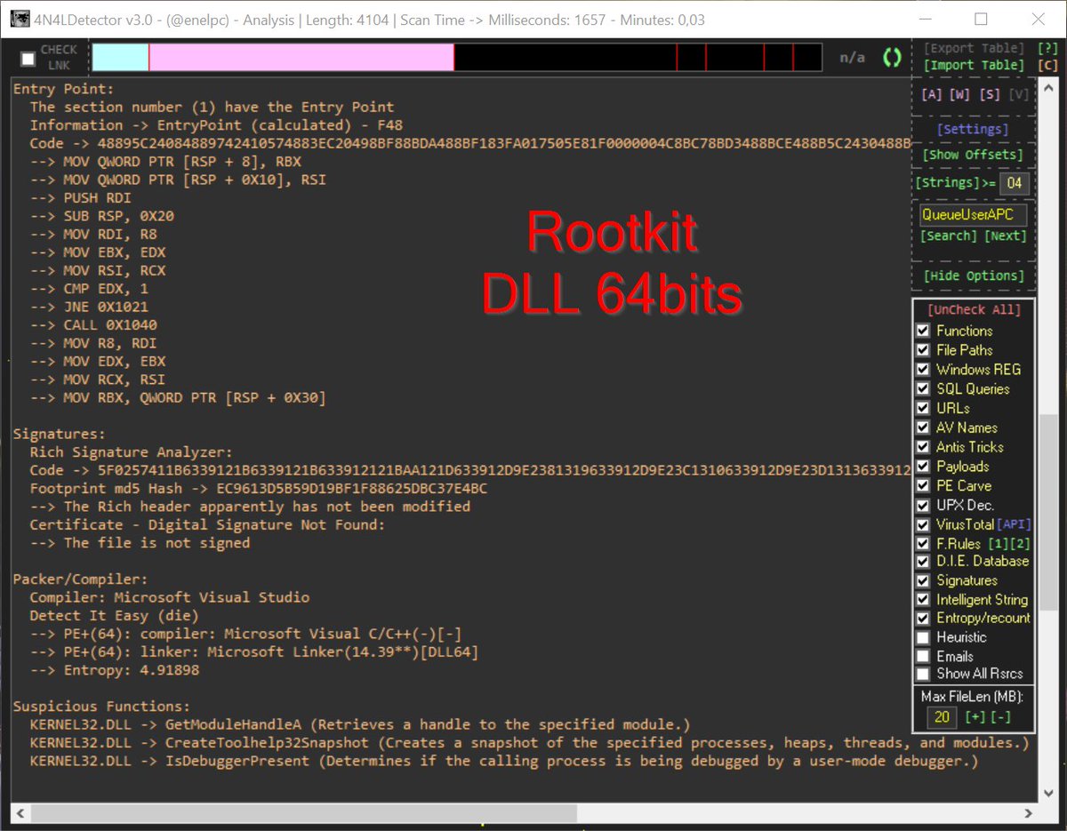 enelpc's tweet image. Cuando te pasan una #ShellCode a revisar... #4n4lDetector la analiza, extrae un ejecutable automáticamente, lo analiza también y detecta que se trata de una librería x64 que actúa cómo #Rootkit. Todo esto en menos de 1 segundo. No es magia.. se llama #4n4lDetector 😅