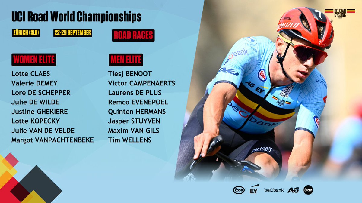 🌈 These are the Belgian 🇧🇪 line-ups for the Elite Road Races at the UCI Road World Championships in Zürich 🇨🇭 | bit.ly/4dTntNh

#Zurich2024 #BelgianCycling