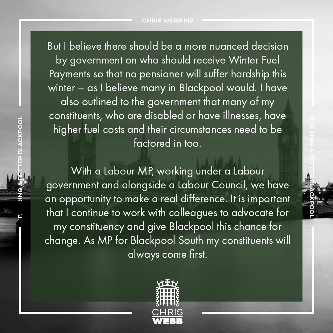 I wanted to let my constituents know I will not be voting with the government on the Winter Fuel Payment today.

I am a proud Labour MP but ultimately, I am the Member of Parliament for Blackpool South, the place I was born and raised. I was elected by you and I promised I would