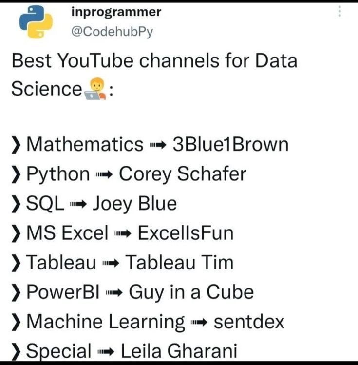 Best YouTube channel for different Data Science Topics and Tools.