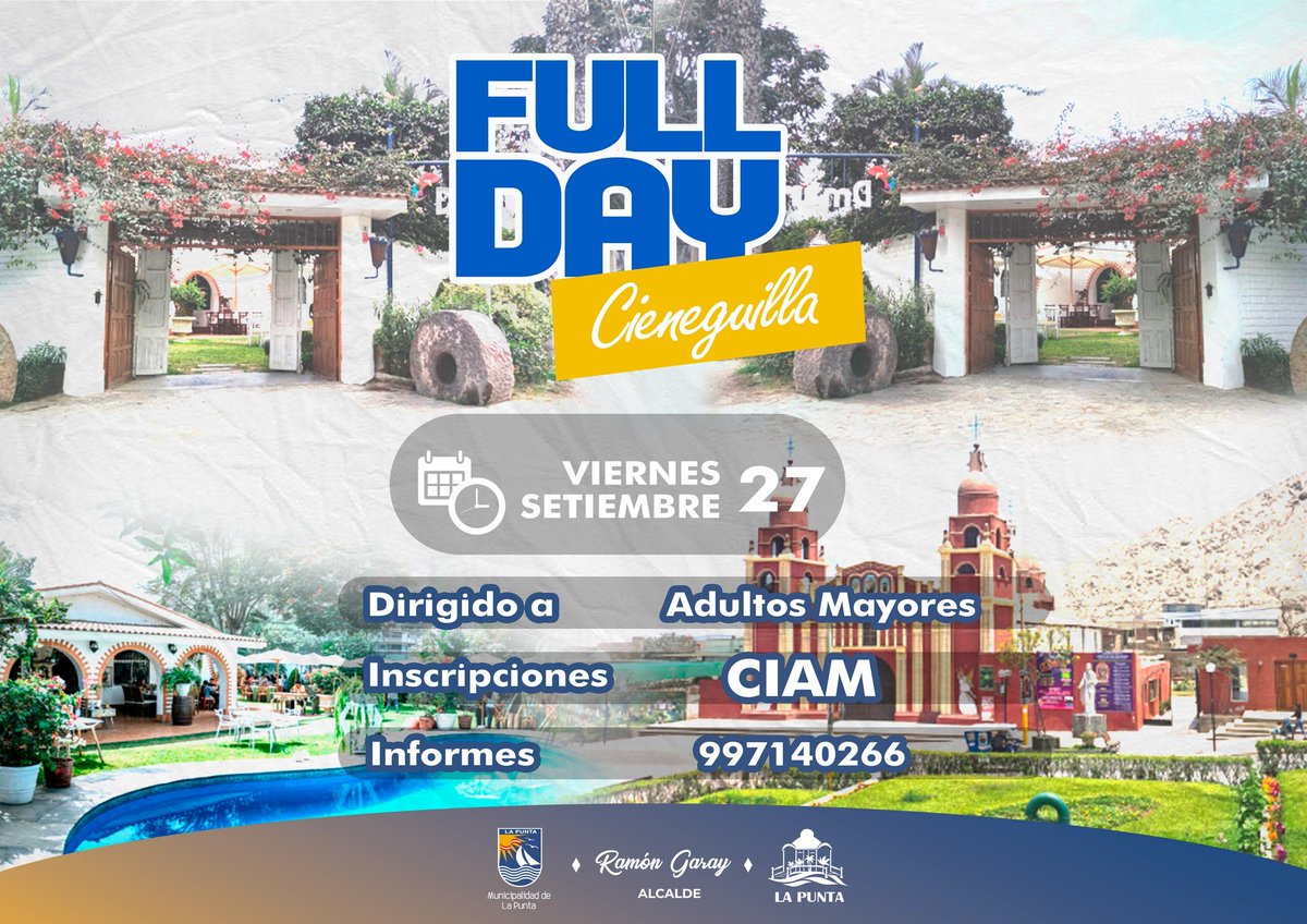 LapuntaOficial's tweet photo. FULL DAY CIENEGUILLA
Este 27 de setiembre, los adultos mayores tendrán la oportunidad de disfrutar de un día increíble rodeados de naturaleza y buenos momentos en Cieneguilla. Recuerda que la participación es solo previa inscripción en el segundo piso del CIAM. https://t.co/W5MKxlul5T
