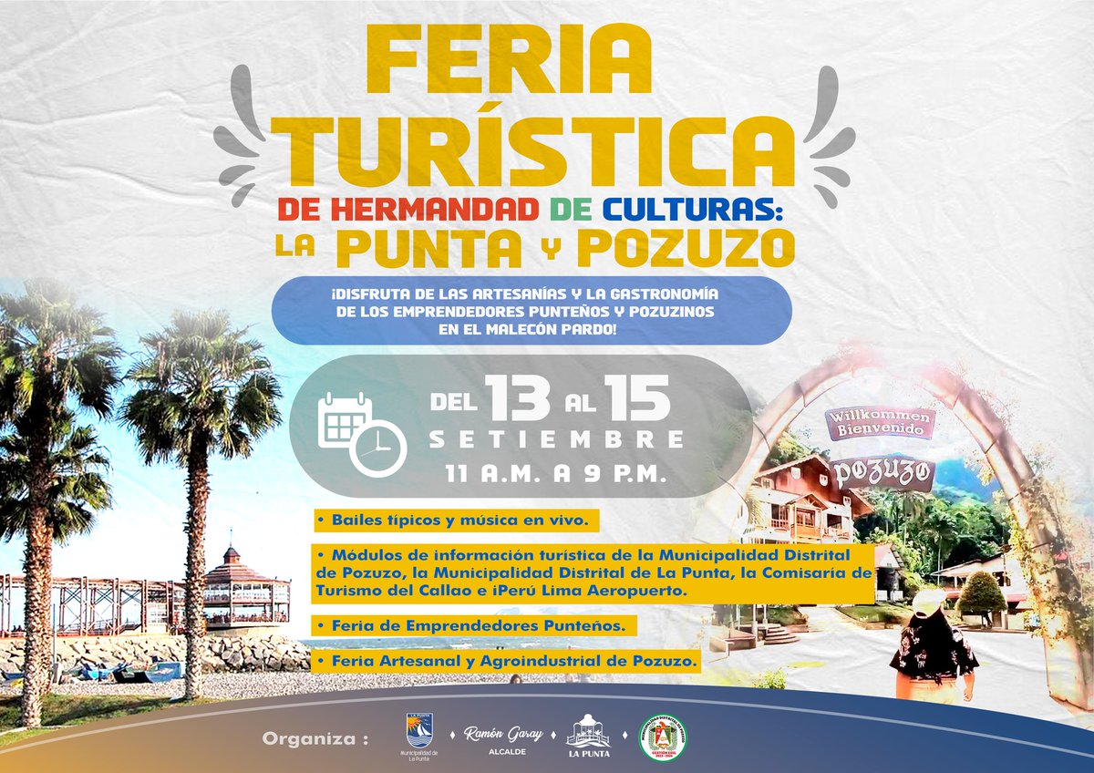 LapuntaOficial's tweet photo. Del 13 al 15 de setiembre desde las 11 a 9 p.m. en el Malecón Pardo podrás disfrutar de los bailes y de la música tradicional pozucina en vivo, así como adquirir sus deliciosos productos locales, durante la “Feria Turística de Hermandad de Culturas: La Punta y Pozuzo”. https://t.co/mVtFjC2KlQ