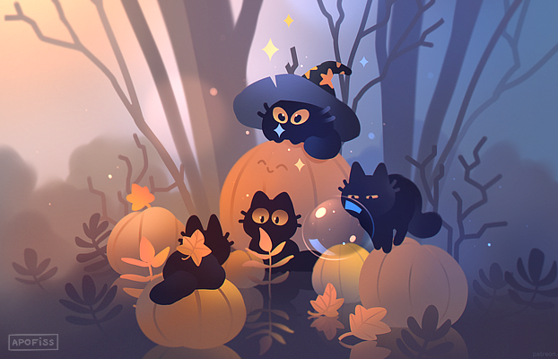 Council of pumpkins!🎃 Party members gathering to discuss places to look for pumpkins ^o^ Wallpaper size on Patreon, link in bio!