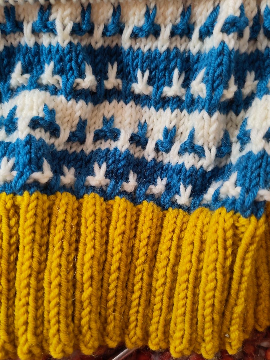 Latest bit of knitting: a Nordic stripe hat for Corkie. I've been knitting this in secret while he's out. He's come off social media so I'm able to share!