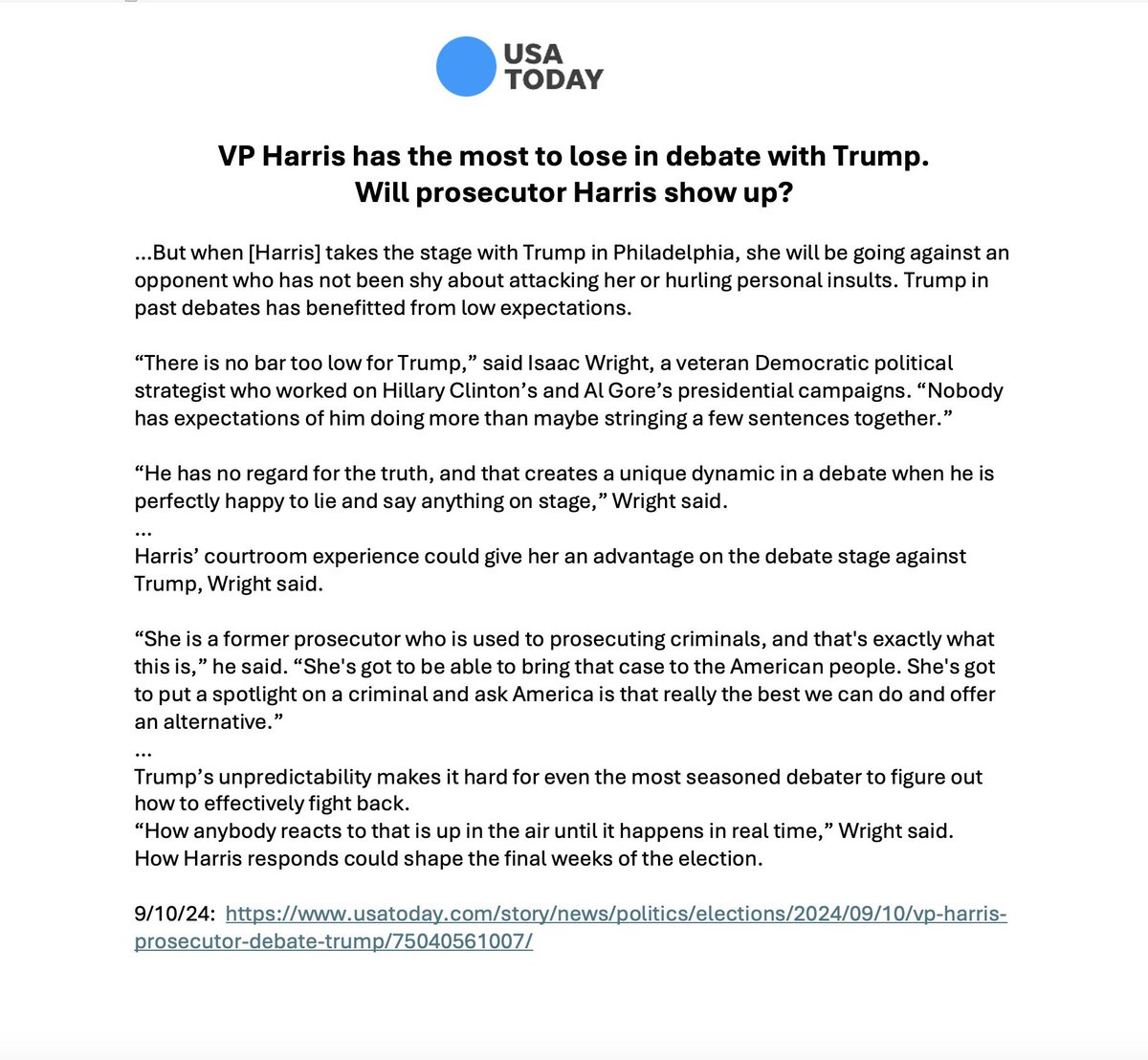 Who is going to watch the debate tonight?  What are you expecting to see or hoping to see?

#kamalaharris 
#donaldtrump 
#president 
#debate 

Read the full article:
usatoday.com/story/news/pol…