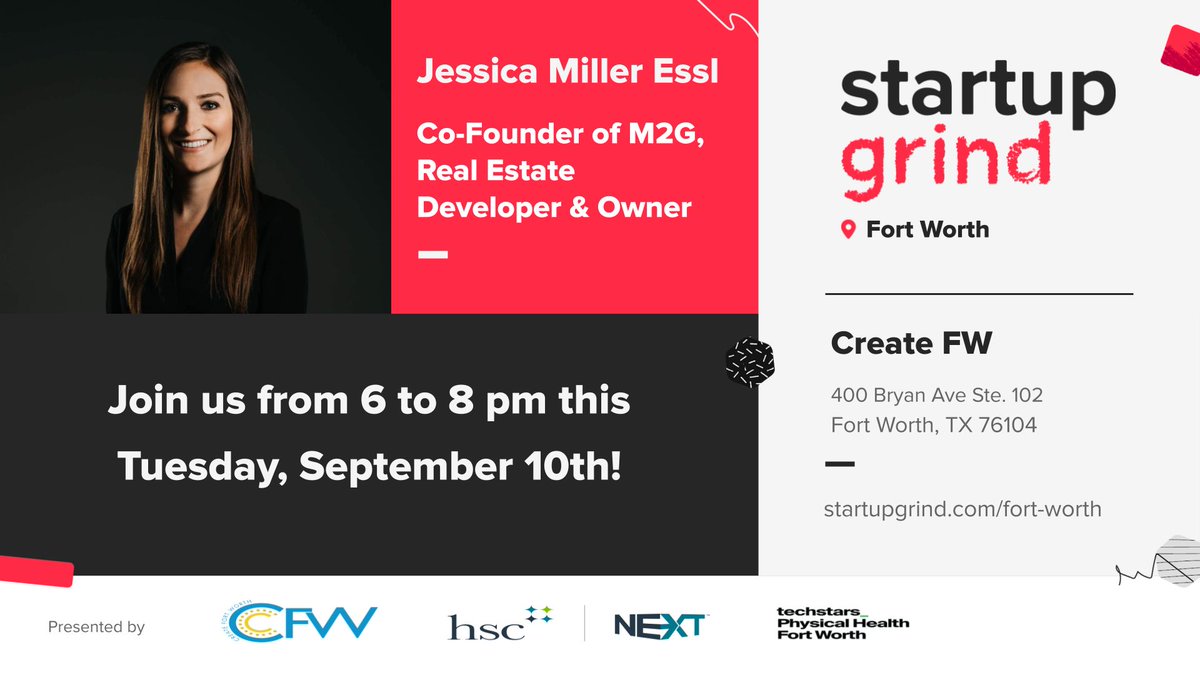 HSC Next (@hscnext) on Twitter photo Join us to hear Jessica Miller Essl, co-founder of <a href="/M2GVentures/">M2G Ventures</a>, as she shares her entrepreneurial journey at <a href="/StartupGrindFW/">StartupGrindFW</a>.
When: Tuesday, September 10th, 6-8 PM
Where: Create FW - 400 Bryan Ave Ste. 102, Fort Worth, TX 76104
RSVP now at lnkd.in/gj5D3_Ky Join us to hear Jessica Miller Essl, co-founder of <a href="/M2GVentures/">M2G Ventures</a>, as she shares her entrepreneurial journey at <a href="/StartupGrindFW/">StartupGrindFW</a>.
When: Tuesday, September 10th, 6-8 PM
Where: Create FW - 400 Bryan Ave Ste. 102, Fort Worth, TX 76104
RSVP now at lnkd.in/gj5D3_Ky