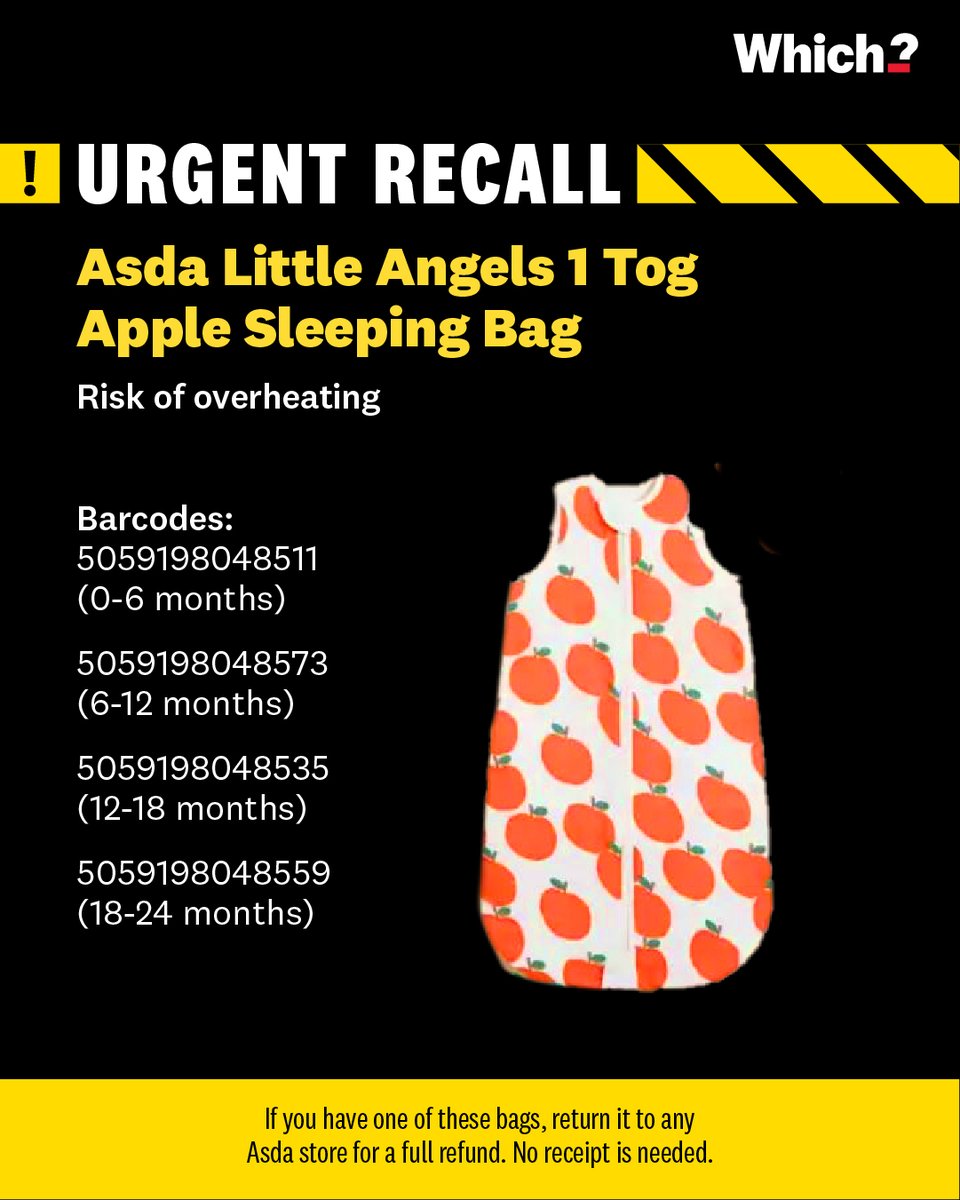 WhichUK's tweet photo. ⚠️ Safety Alert: Asda is recalling Little Angels 1 Tog Apple Sleeping Bag due to a risk of overheating.

Return it to your nearest store for a full refund—no receipt needed. 

For further information, contact Asda customer relations on 0800 952 0101. https://t.co/PaggApOloW
