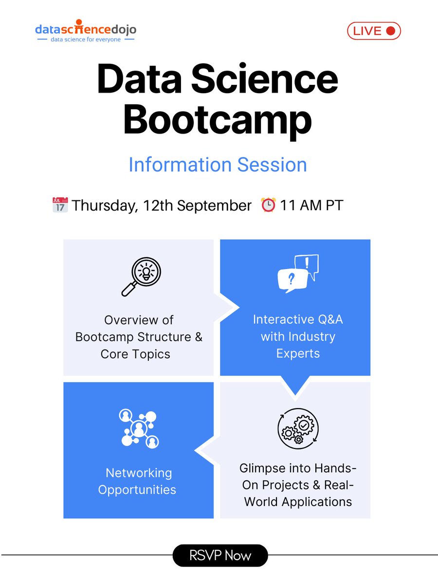 DataScienceDojo's tweet photo. 🚀Transform Your Career with Data Science! Join us on September 19th for an exclusive info session! Get a sneak peek into our upcoming 5-day Data Science Bootcamp (online &amp; in-person). 

⏰ RSVP now: https://t.co/KWHm1w0AVZ

#datasciencebootcamp #datascience #ai #genai #data https://t.co/bJ6kg8Q1QS