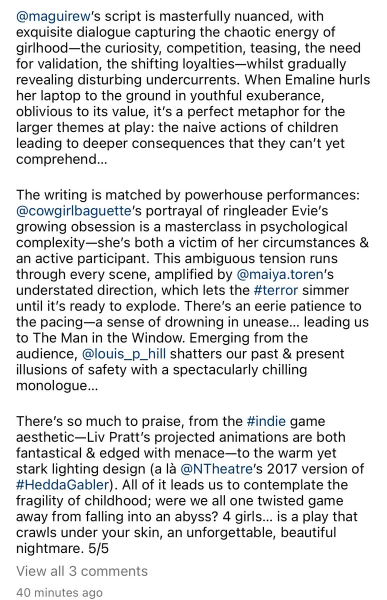 An absolutely breathtaking ⭐️⭐️⭐️⭐️⭐️ review from @fringebiscuit!! No greater feeling than when someone truly understands what we’re trying to do with “4 girls…” and feels its impact. Only 2 chances to catch us in London! 11th &amp; 13th Sept <a href="/KingsHeadThtr/">King's Head Theatre</a> linktr.ee/missingribcoll…