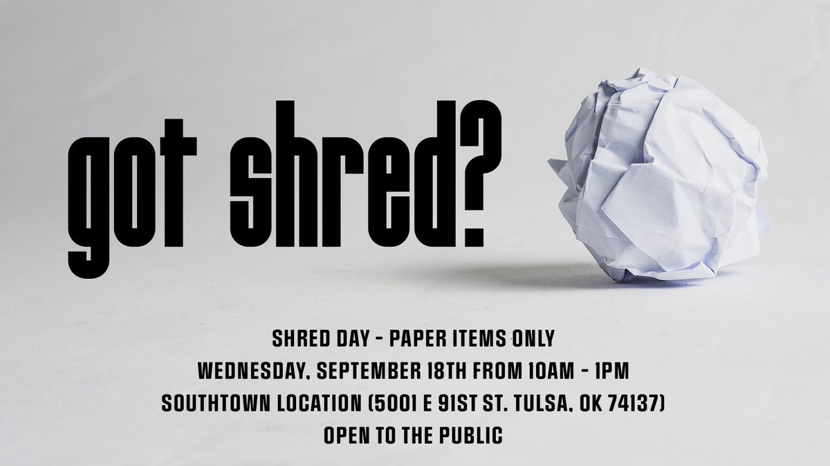 RedCrownCU's tweet image. Join Red Crown on Wednesday, September 18th, from 10AM to 1PM for a FREE Shred Day at our Southtown location (5001 E. 91st St, Tulsa, OK 74137.) This event is free to the public. Paper items only. #redcrown