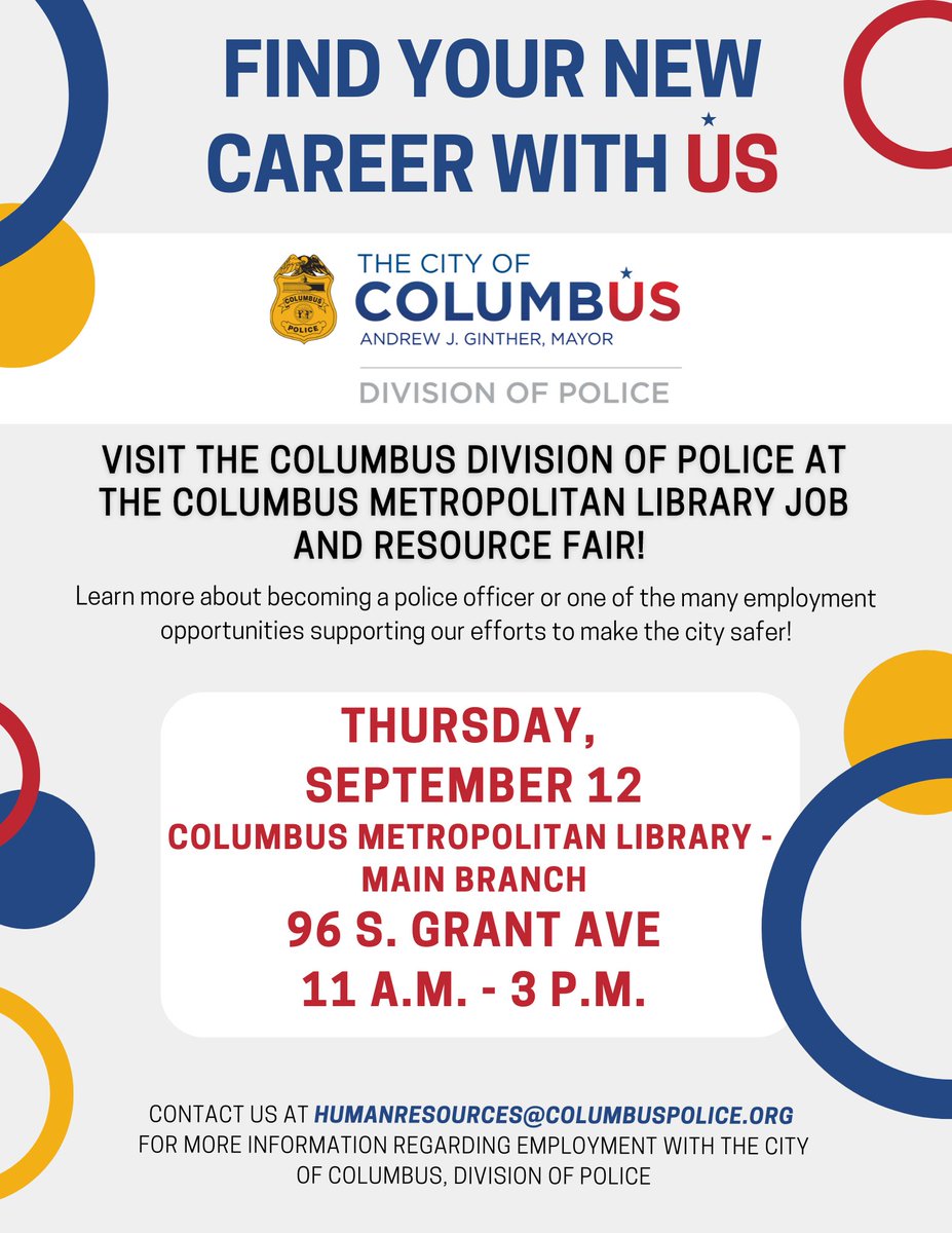 Join us at the Columbus Metropolitan Library Main Branch for the CML Job and Resource Fair this Thursday, September 12, from 11 a.m. - 3 p.m.! Our team from the Columbus Division of Police is excited to meet you and discuss all the amazing opportunities available.
