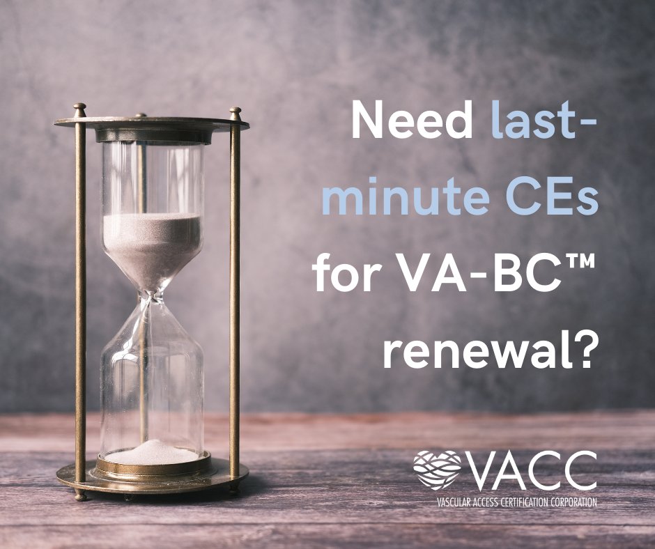 Vascular Access Certification Corporation (@vacccert) on Twitter photo A list of free and paid CEs related to vascular access? We’ve got it! Find inspiration to gain those last-minute CEs before our early December 2024 recertification window closes > ow.ly/jx5L50TaXK5 A list of free and paid CEs related to vascular access? We’ve got it! Find inspiration to gain those last-minute CEs before our early December 2024 recertification window closes > ow.ly/jx5L50TaXK5