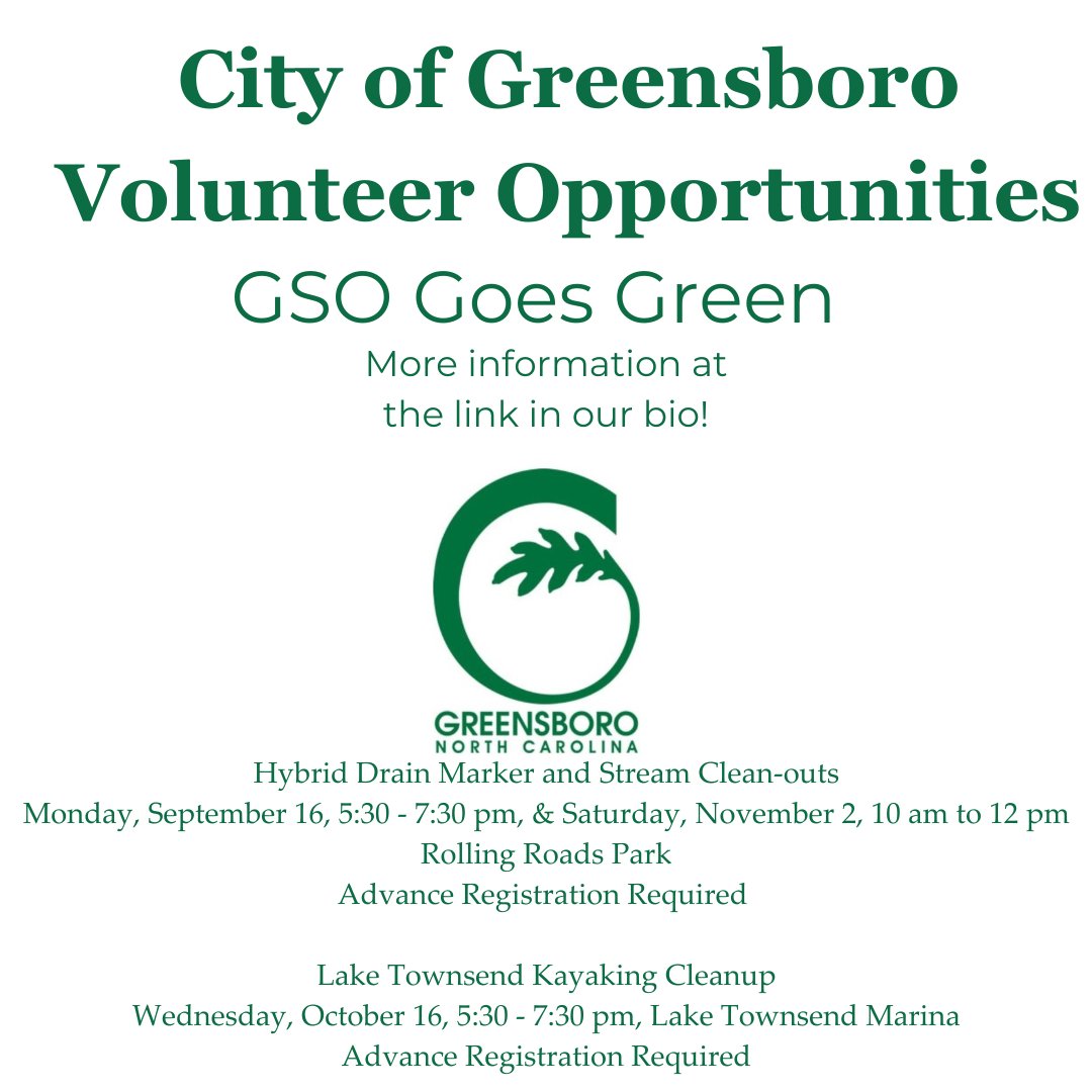The City of Greensboro is offering clean-ups through GSO Goes Green! Volunteer sign-up and more information are at the link in our bio! #GSOGoesGreen #CityofGreensboro #Volunteer