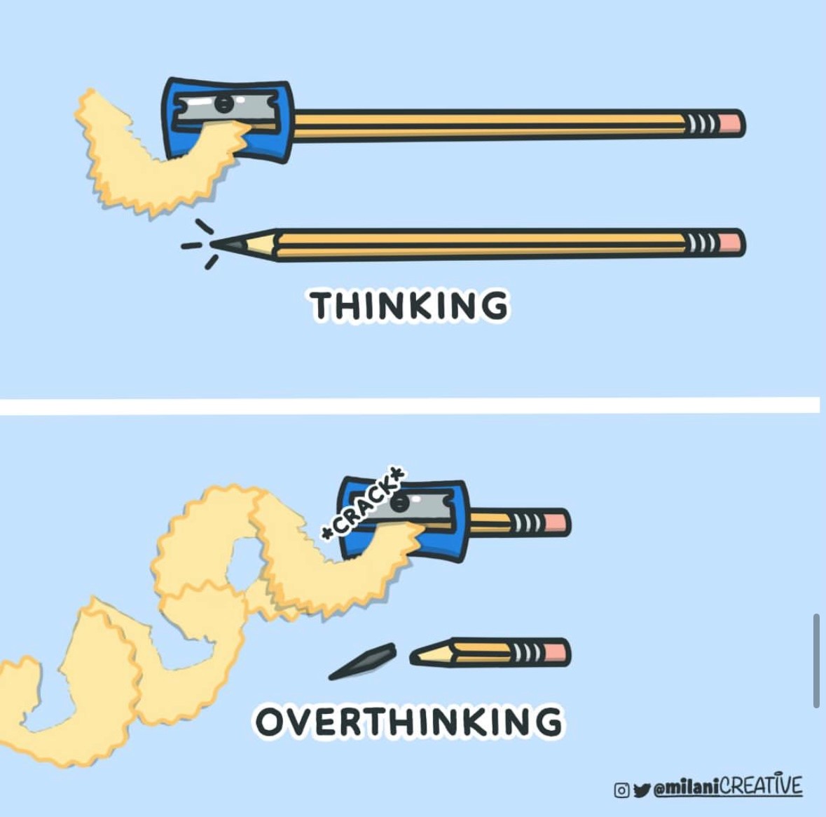 The antidote to overthinking isn't thinking less. It's rethinking more.

Overthinking is ruminating on old ideas without a new lens. It narrows your focus and wears you out.

Rethinking is revisiting the same issue from a different perspective. It broadens and sharpens your view.