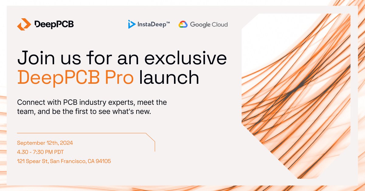 InstaDeep (@instadeepai) on Twitter photo 🎊Big News! In collaboration with <a href="/googlecloud/">Google Cloud</a> and <a href="/gcloudpartners/">Google Cloud Partners</a>, we’re launching DeepPCB Pro– the advanced version of our AI-powered platform for PCB design!🎯Join us on Sept 12th, 4:30 PM PDT at Google SF to be part of the future of hardware. RSVP here: 🎊Big News! In collaboration with <a href="/googlecloud/">Google Cloud</a> and <a href="/gcloudpartners/">Google Cloud Partners</a>, we’re launching DeepPCB Pro– the advanced version of our AI-powered platform for PCB design!🎯Join us on Sept 12th, 4:30 PM PDT at Google SF to be part of the future of hardware. RSVP here: