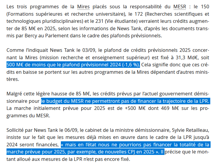 JulienGossa's tweet photo. Le 6/09 : On abandonne la trajectoire budgétaire de la #LPPR, -500M€, gel des CJP.

Le 10/09 : « La France doit rester un leader 🇪🇺 grâce à sa politique ambitieuse pour ses universités et institutions de recherche #LPR #France2030. »

¯\_(ツ)_/¯ https://t.co/guMQALO1OI