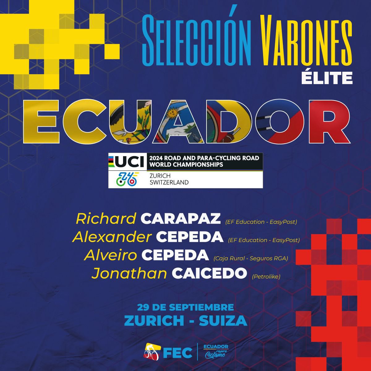 FedeCiclismoEcu's tweet photo. ⏳ ¡Comenzamos la cuenta regresiva para el Campeonato Mundial de Ciclismo! 

Es momento para conocer a nuestros seleccionados de la categoría élite masculina 🚴🏼‍♂️🇪🇨

👀 Te contamos que @NarvaezJho está a la espera del permiso médico para reconfirmar su participación. https://t.co/zgrARjHne9