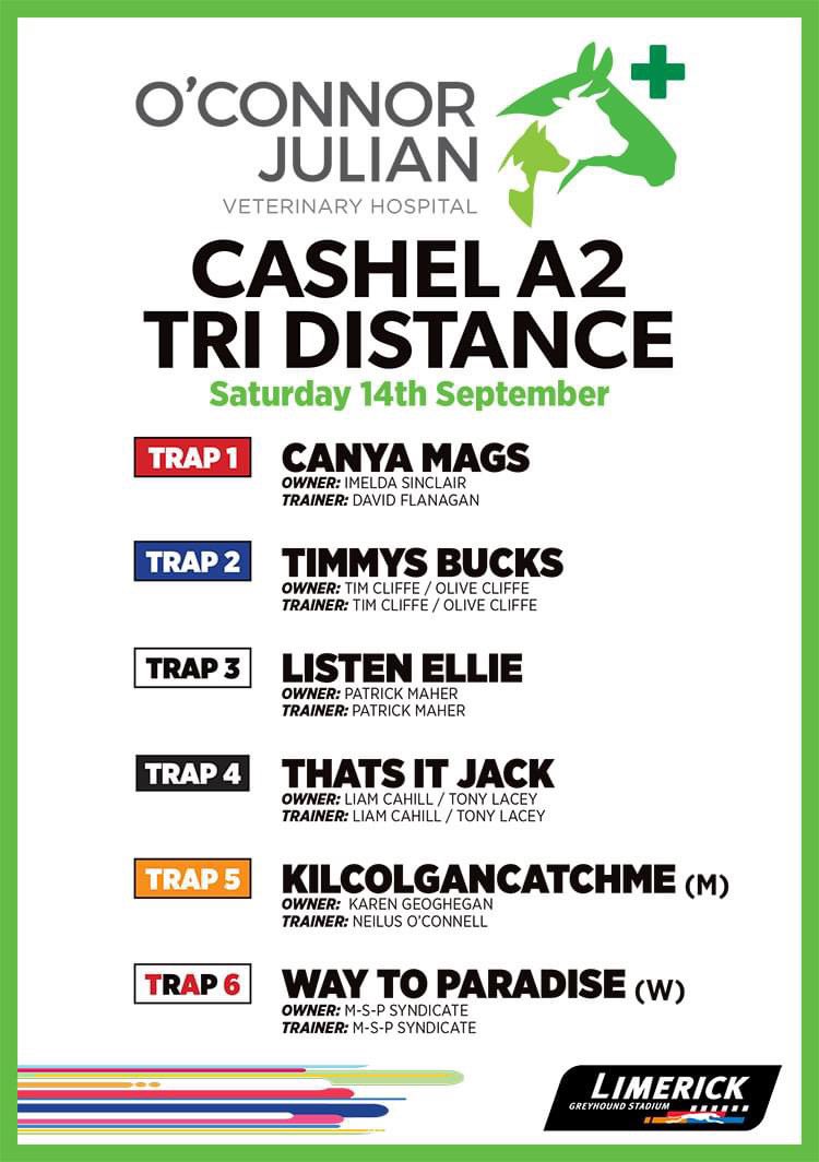 Sarah Kinsella (@grisarahkin) on Twitter photo Thats It Jack broke the 575 yards track record <a href="/LimkGreyhound/">Limerick Greyhound Stadium</a> last week and races from trap four in the final for owner <a href="/LiamCahill16/">Liam Cahill</a>
Best of luck to everyone 🍀 Thats It Jack broke the 575 yards track record <a href="/LimkGreyhound/">Limerick Greyhound Stadium</a> last week and races from trap four in the final for owner <a href="/LiamCahill16/">Liam Cahill</a>
Best of luck to everyone 🍀