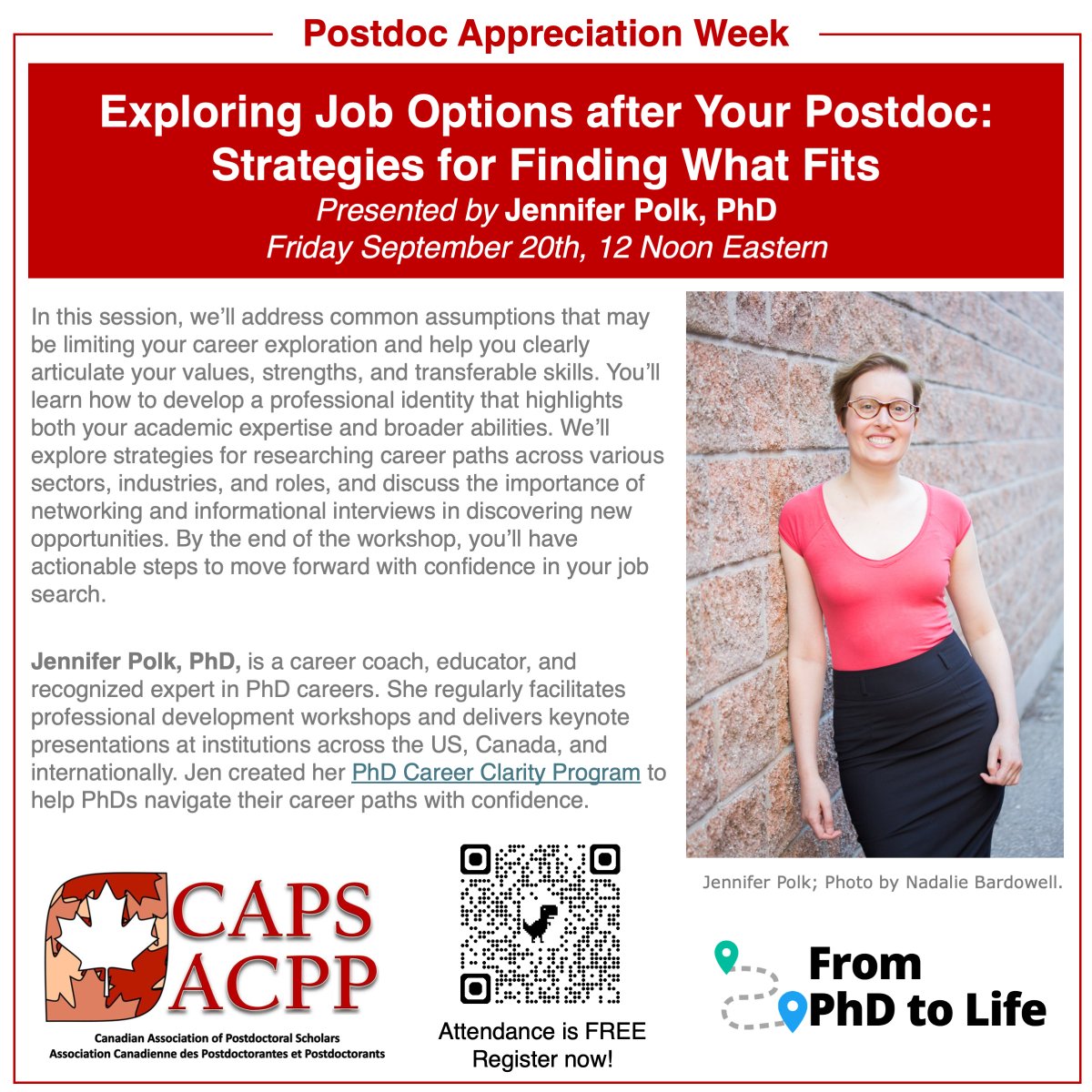 Join us one week from today for a free, online workshop as part of Postdoc Appreciation Week, "Exploring Job Options after Your Postdoc: Strategies for Finding What Fits" with <a href="/FromPhDtoLife/">Jennifer Polk, PhD (she, her)</a>  Friday September 20th at 12 Noon Eastern. Register at: capsacpp.ca/events/postdoc…