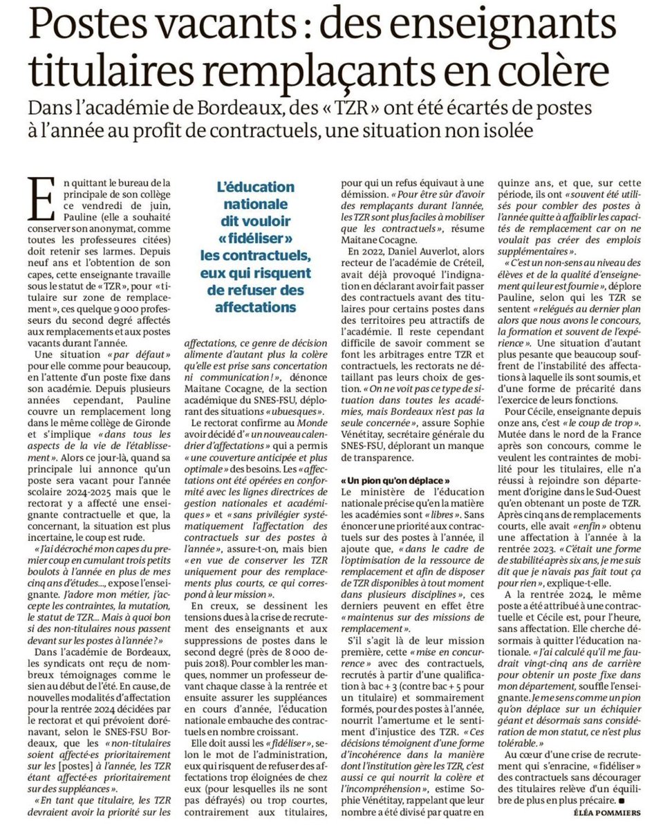 📰 Le Monde
“J’ai décroché mon CAPES du 1er coup en cumulant 3 petits boulots à l’année en + de mes 5 ans d’études… J’adore mon métier, j’accepte les contraintes, la mutation, le statut de TZR Mais à quoi bon si des non-titulaires nous passent devant sur les postes à l’année ?”