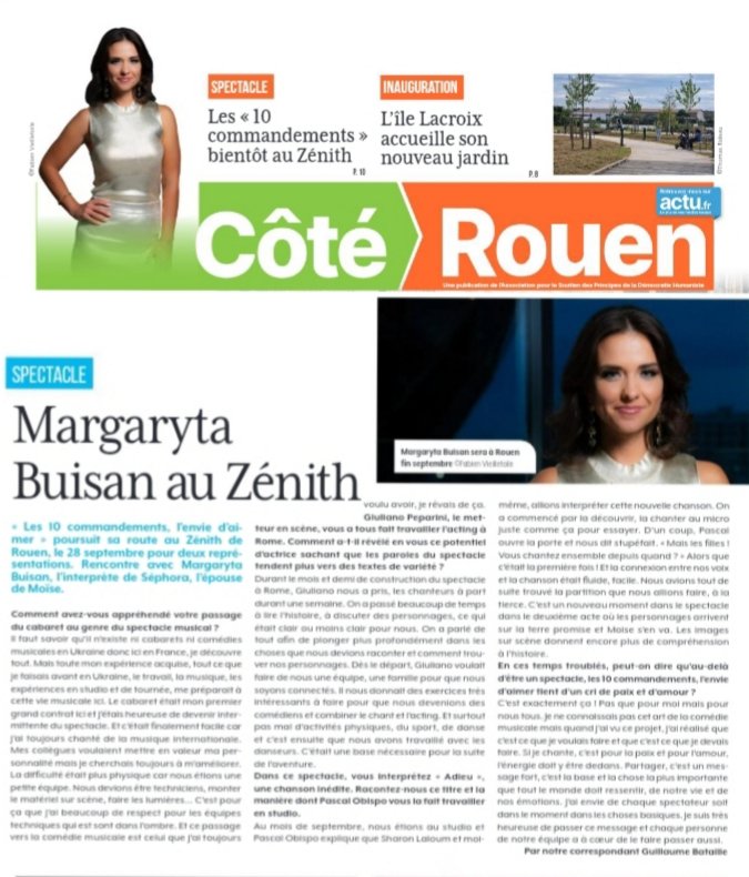 Vraiment ravi de conclure ce cycle d'interviews pour les <a href="/Les10CommOff/">Les 10 Commandements - L’Envie d’Aimer</a> de <a href="/ObispoPascal/">pascal obispo</a> <a href="/ZENITHROUEN/">ZENITH ROUEN</a>, le 28 septembre avec Margaryta Buisan. Ou l' accomplissement d'une courageuse artiste quittant son pays d'origine pour entreprendre son destin ici, en France. <a href="/alcoh26/">Albert Cohen</a> <a href="/PBactu/">Pierre BOITEAU</a>