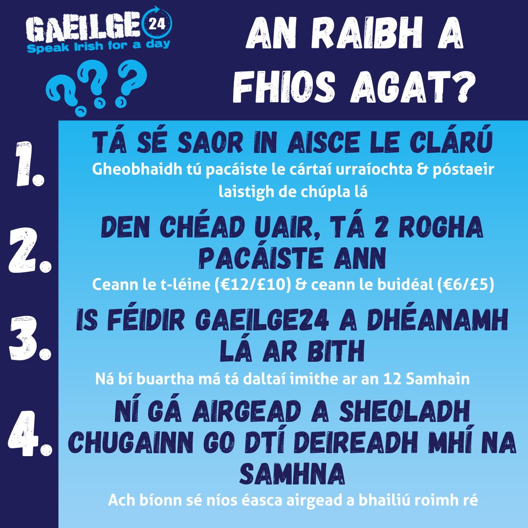 🤔 An raibh na fíricí fánacha seo faoi Ghaeilge24 ar eolas agat? 🤔

Tuilleadh eolais &amp; clárúchán ag cnag.ie/Gaeilge24

🎉 Bígí linn ar an 12 Samhain 🎉

#gaeilge24 #gaeilge #éire #gaeilgeoir #gaeltacht #scoil #muinteoir #conradhnagaeilge #cnag #irish #ireland