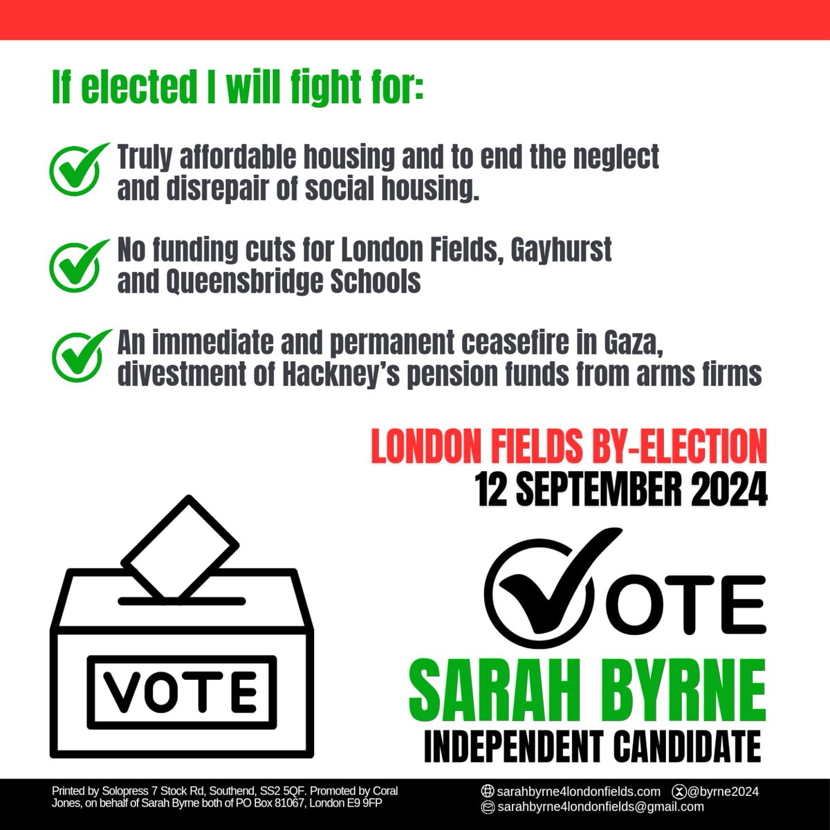 HackneyIndSG's tweet photo. 🗳️ Only two days to go! Let's elect Independent Socialist candidate #SarahByrne for #LondonFields 🗳️

✅ Make sure to get out and vote on Sept 12
🗳️ Voting opens 7am to 10pm
🗳️ Don't forget to bring a form of ID!

#Hackney #ByElection #sarahbyrne4londonfields https://t.co/Intn8SZzwy