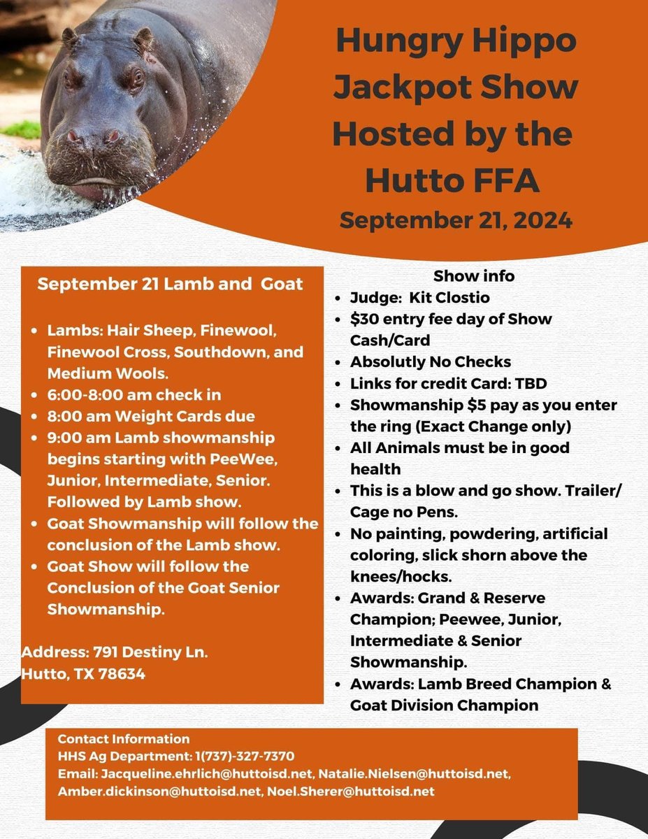 Join us for the Hungry Hippo Jackpot Show hosted by the Hutto FFA. A fun-filled event giving exhibitors a chance to showcase their top-notch livestock in a friendly competition. #LivestockShow #HungryHippoJackpot