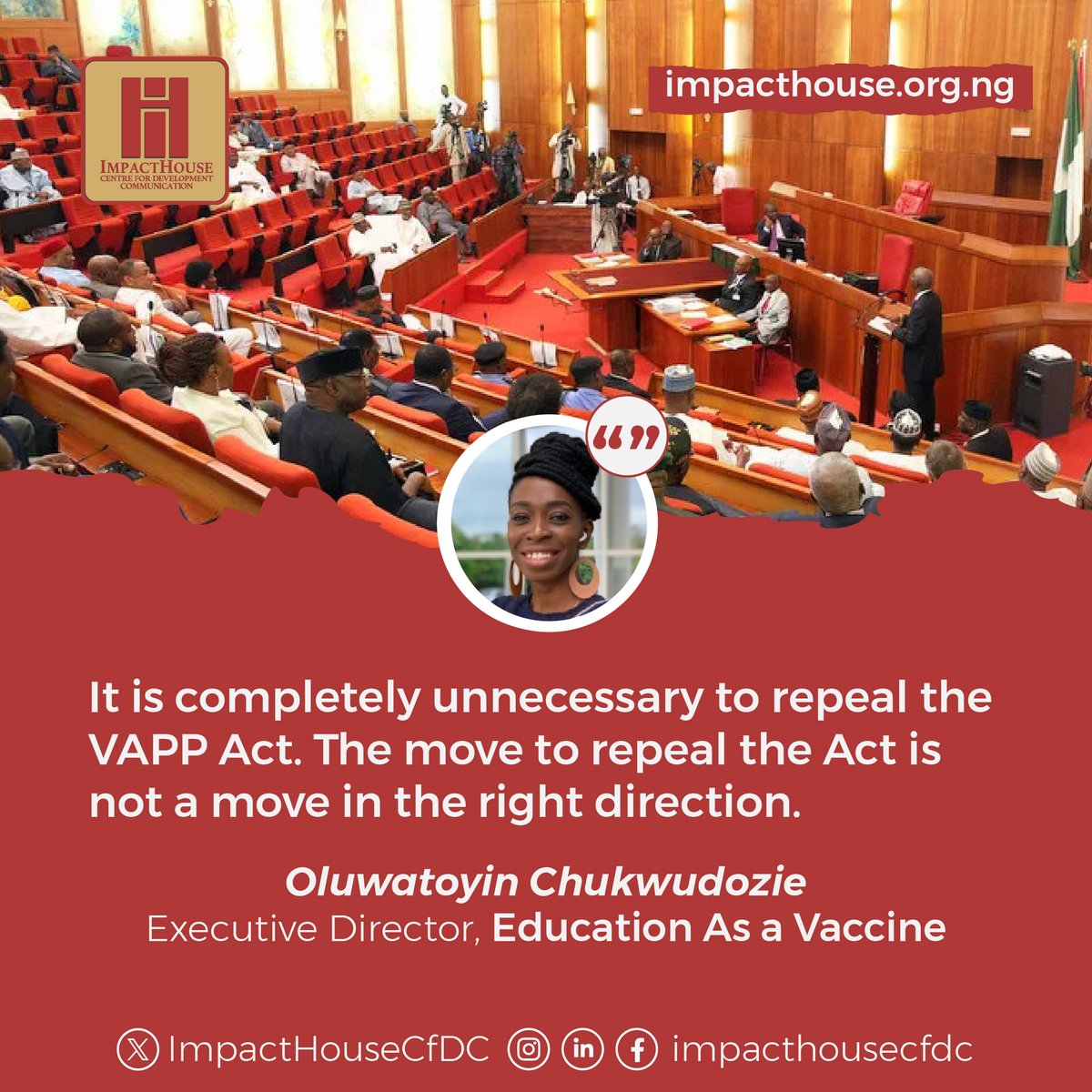 ImpacthouseCfDC's tweet photo. Why would lawmakers be moving to repeal a law designed to curb gender-based violence (GBV) in the country?
No bi juju be dat?
#VAPPAct #ReviewNotRepeal #LetsTalkNaija https://t.co/TWQUN4zKQ4