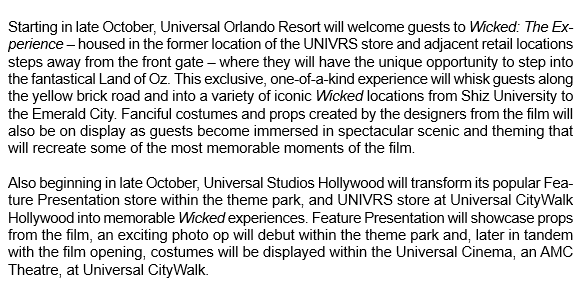 ScottGustin's tweet photo. Universal Hollywood and Universal Orlando Resort will offer a new 'Wicked: The Experience' this October that will feature "all-new immersive experiences and exclusive merchandise, and more. Costumes, props, and immersive recreations of scenes from the film will be featured. https://t.co/vyvXcdw98u
