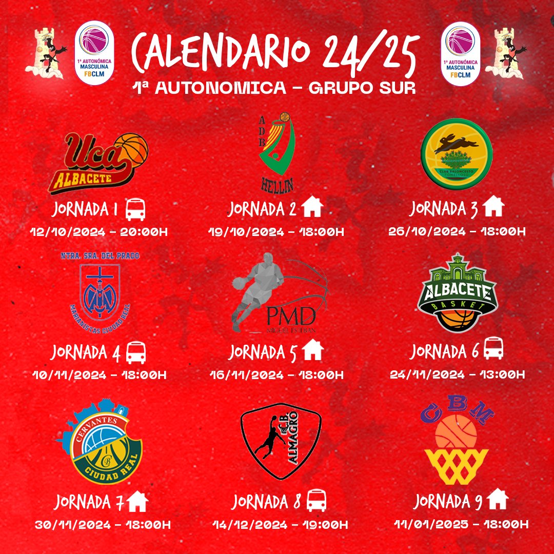 CBMotaBasket's tweet photo. 📢CALENDARIO 24/25 🗓️

➡️1° Autonómica - GRUPO SUR

Os dejamos por aquí el calendario completo de la TEMPORADA 24/25

Jornada 1️⃣ - 12 de octubre - nos enfrentará con el @ucacb  

Jornada 1️⃣8️⃣ - 29 de marzo - en la última jornada nos enfrentará al @CBManzanares  

#cbmota #fbclm https://t.co/1B6ytEhc3U