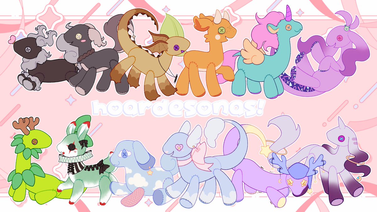 Every hoardesona I've drawn for my community so far! 🐉🧸

 It makes me so happy seeing how creative people have gotten with these, I can't wait to see what other designs people come up with in the future! 💝