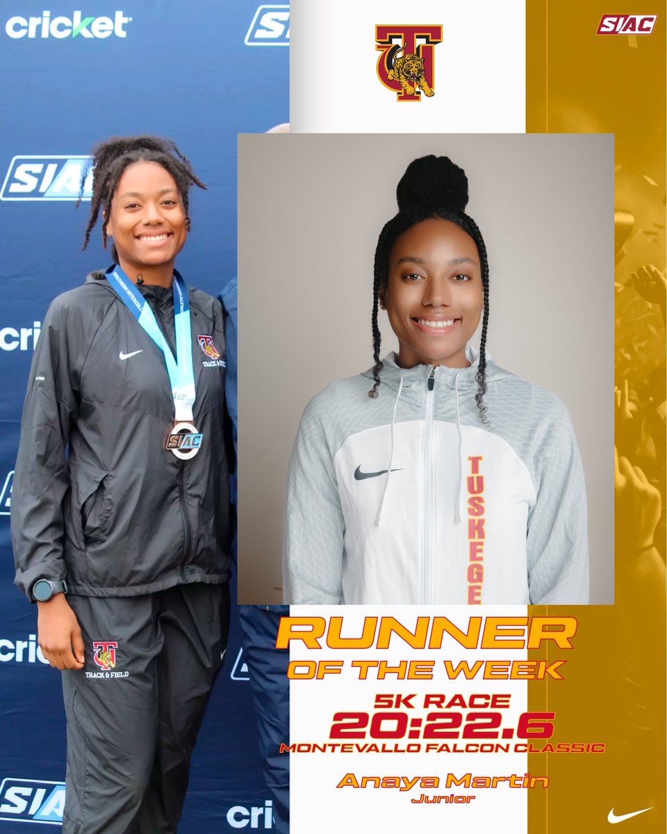 MyTUAthletics's tweet photo. Congratulations to junior Cross Country runner Anaya Martin has been named SIAC runner of the week!
#SkegeeXC l #MyTUAthletics🐅 l #RunnerOfTheWeek https://t.co/uNyLOz9KvJ