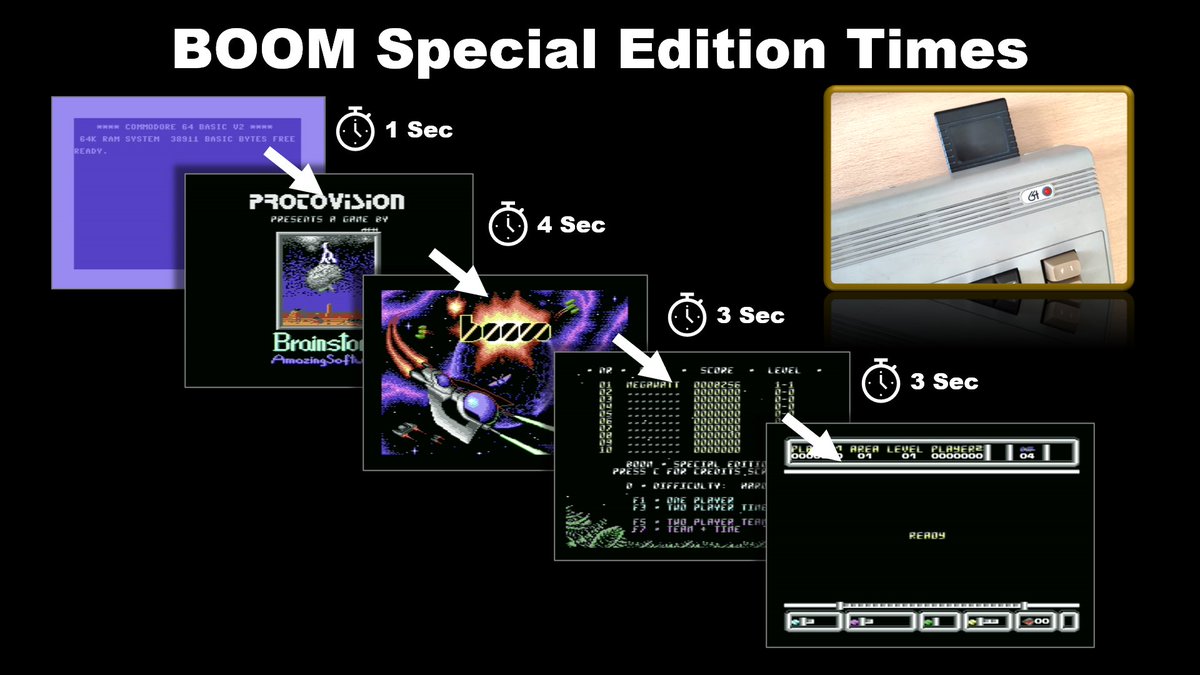 Protovision64's tweet image. BOOM  - for some an incredibly difficult game. How long would you wait for it  loading, to give it another try? The original was a test of your  patience. BOOM Special Edition will be a Cartridge exclusive release -  compare the wait times yourself. Better? ;)