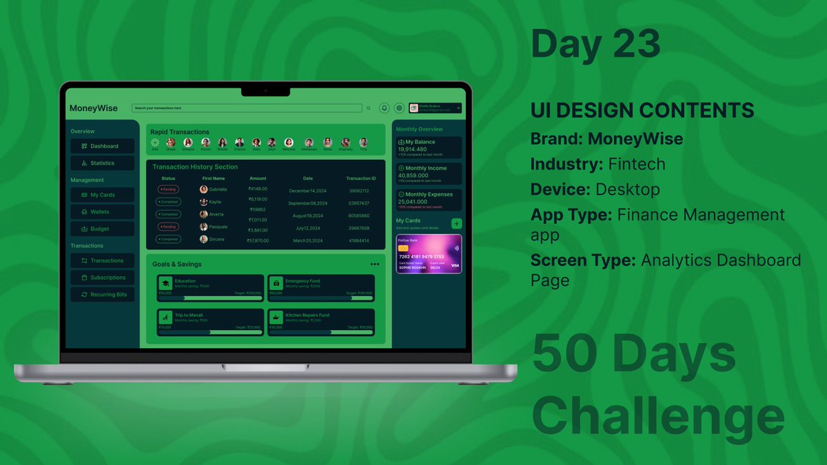 ashish1lexbaa's tweet image. Day 23 of my #50DaysUIChallenge! Designed a sleek analytics dashboard for the MoneyWise fintech app. Automating finance management for better budgeting and smarter decisions! 🌱💻 #UIUX #FintechDesign #DesignChallenge #ProductDesign #TechForGood