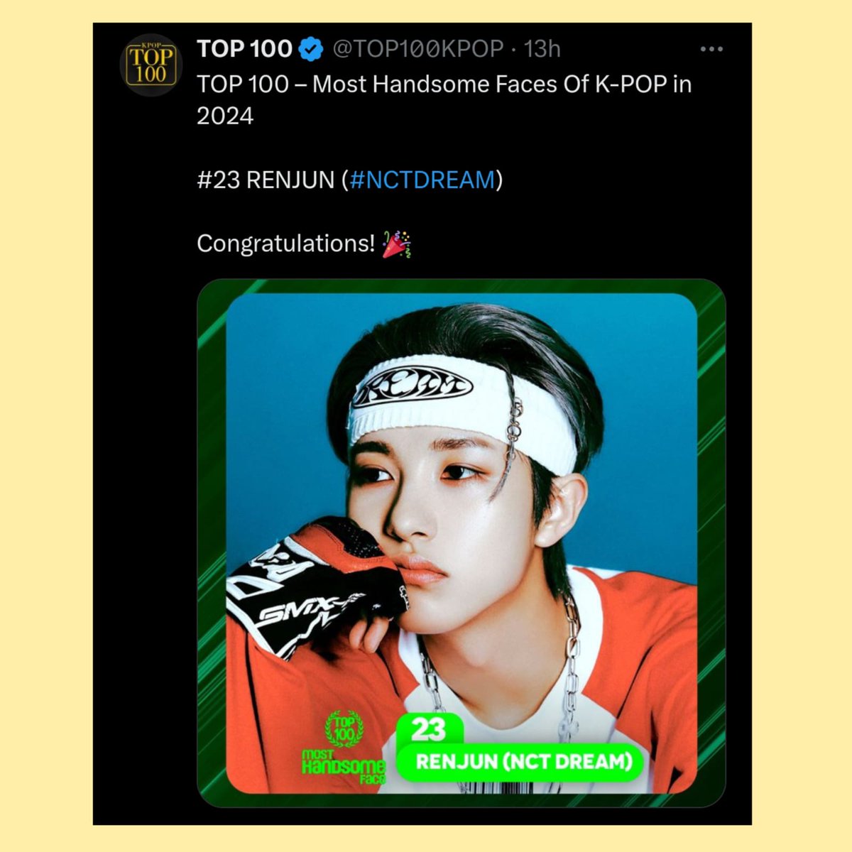 RenjunNCTCol's tweet photo. |🦊HANDSOME FACE OF KPOP|

#RENJUN quedó en el puesto #23 de el tro 100 de rostros más guapos / hermosos del kpop.

Renchin, vamos a trabajar duro para que nuestro hermoso injun siga subiendo !!

Más ahora que está aún más hermoso y guapo que nunca.
💚 https://t.co/7hISuMspL4