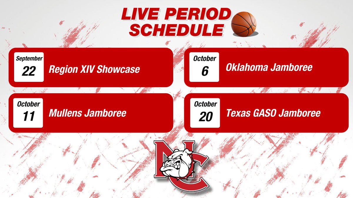 Navarro Basketball (@navarrobball) on Twitter photo 🚨 LIVE PERIOD SCHEDULE 🚨
📍Sept 22 | Region XIV Showcase
📍Oct 6 | Oklahoma Jamboree
📍Oct 11 | Mullens Jamboree
📍Oct 20 | Texas GASO
<a href="/JUCOadvocate/">JUCOadvocate - Brandon Goble</a> <a href="/JucoScoop/">JUCO SCOOP</a> <a href="/CoachCodyHop/">Cody Hopkins</a> <a href="/TexasHoopsGASO/">TexasHoops/GASO 🔗</a> <a href="/GASOLarren/">Larren Silver</a> <a href="/GASOBlue/">Blue Zertuche 🔗</a> <a href="/jerrydmullen/">Jerry Mullen</a> <a href="/Grant_McMillan3/">Grant McMillan</a>
🐶🐾🏀 🚨 LIVE PERIOD SCHEDULE 🚨
📍Sept 22 | Region XIV Showcase
📍Oct 6 | Oklahoma Jamboree
📍Oct 11 | Mullens Jamboree
📍Oct 20 | Texas GASO
<a href="/JUCOadvocate/">JUCOadvocate - Brandon Goble</a> <a href="/JucoScoop/">JUCO SCOOP</a> <a href="/CoachCodyHop/">Cody Hopkins</a> <a href="/TexasHoopsGASO/">TexasHoops/GASO 🔗</a> <a href="/GASOLarren/">Larren Silver</a> <a href="/GASOBlue/">Blue Zertuche 🔗</a> <a href="/jerrydmullen/">Jerry Mullen</a> <a href="/Grant_McMillan3/">Grant McMillan</a>
🐶🐾🏀