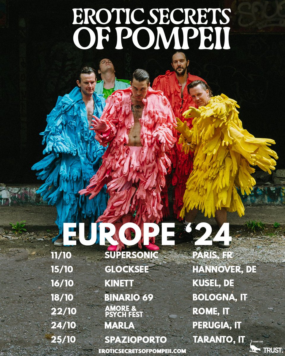 We’ve got some HUGE news to share! 🇪🇺 The dreaming is over, we're bringing our apocalyptic art rock across the pond to the good people of Europe for the very first time! It’s going to be one riotous romp across borders to incite madness and spread the good word Erotic 🇫🇷🇩🇪🇮🇹