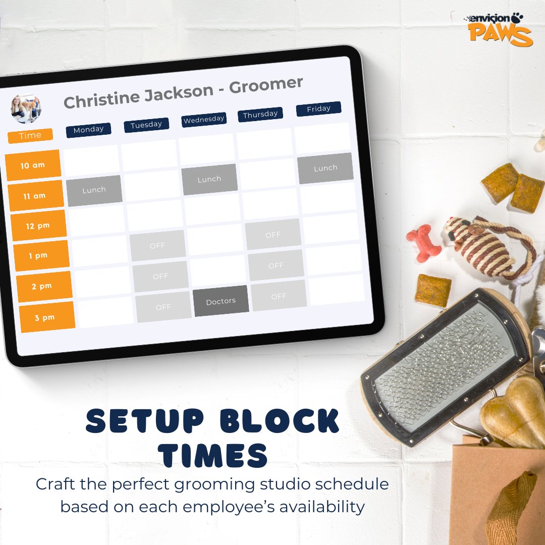 EnvisionPaws's tweet photo. 📅✨ Simplify your grooming studio's scheduling with block times! Effortlessly manage employee availability and ensure smooth operations by setting custom block times for breaks, training, or special appointments. Keep your team happy and your business running like clockwork! ⏰ https://t.co/kHPioLYEs3